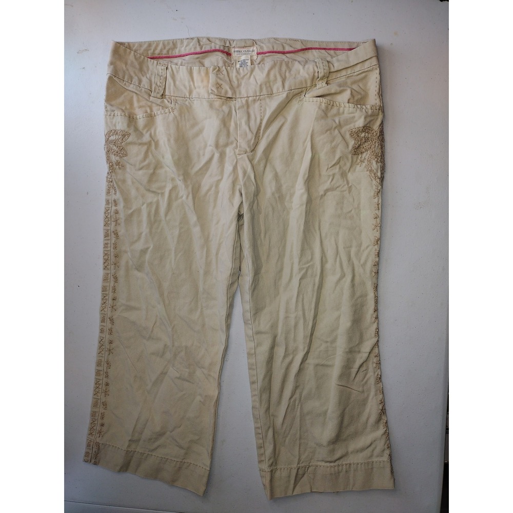 Y2K American Eagle Khaki Tan Embroidered Crop Chino Pants Womens 8 Low Rise